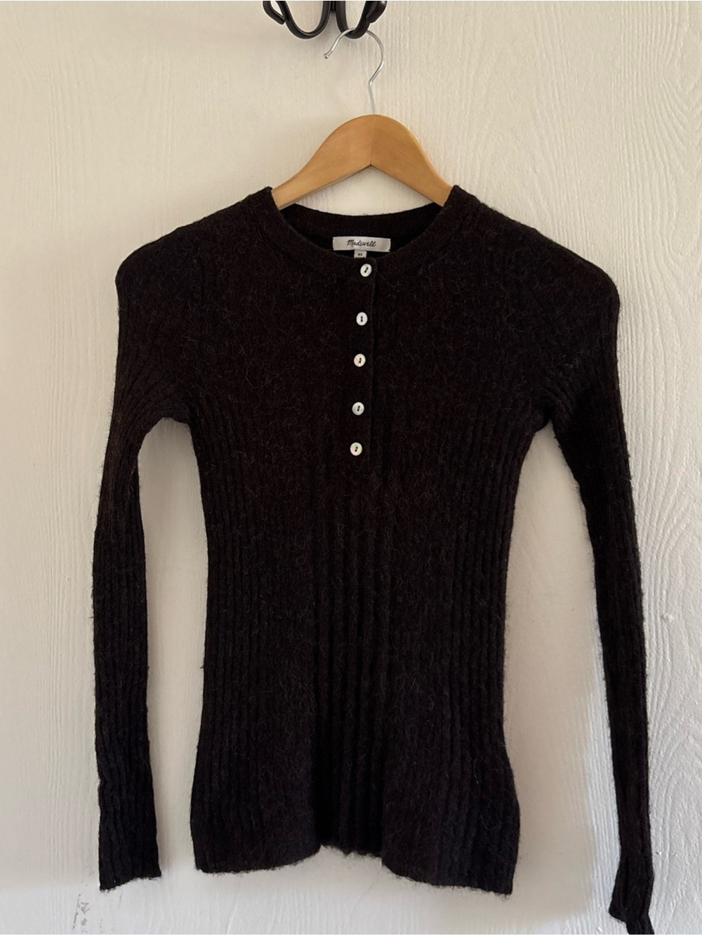 Madewell Dark Brown Alpaca Blend Ribbed Henley Sweater Top XS - Picture 2 of 7